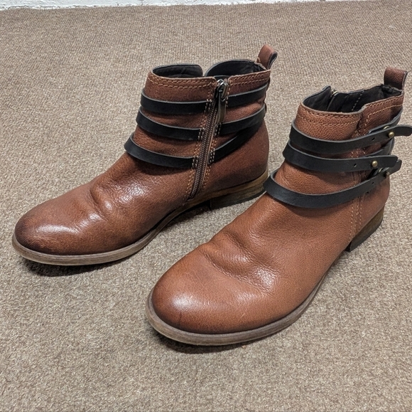 FRANCO SARTO (6.5M) Brown Ankle Biker Boots Flats with Black Straps Buckles - Picture 3 of 8